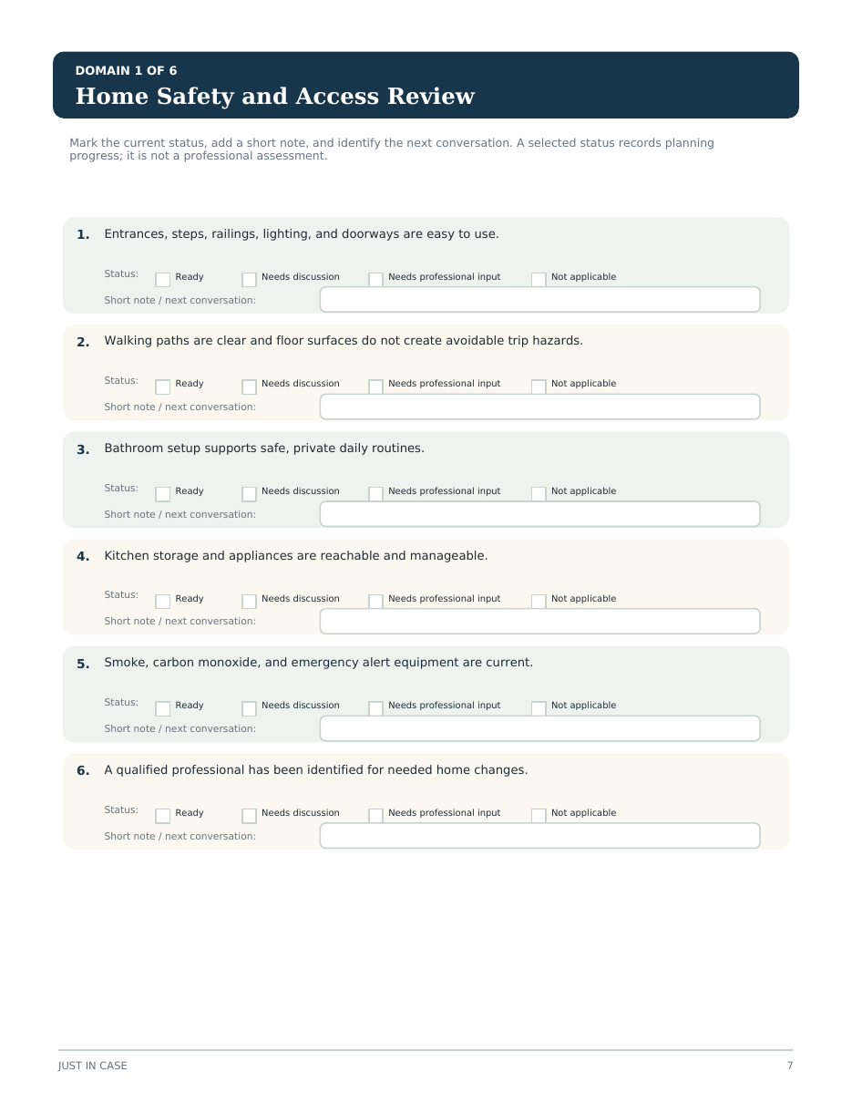 Actual Home Safety and Access Review page